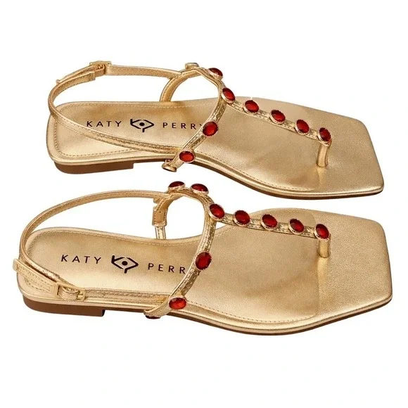 NIB Katy Perry The Camie Gemstone Sandal 5.5 Gold Red Jewels Square Toe Flat - Picture 4 of 11
